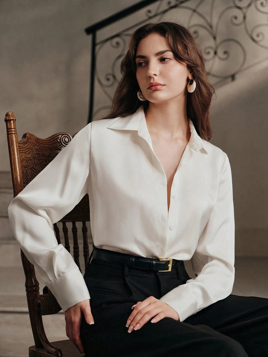 CM-TS816237 Women Elegant Seoul Style Collar Neckline Long Sleeve Backless Pearl Blouse - White