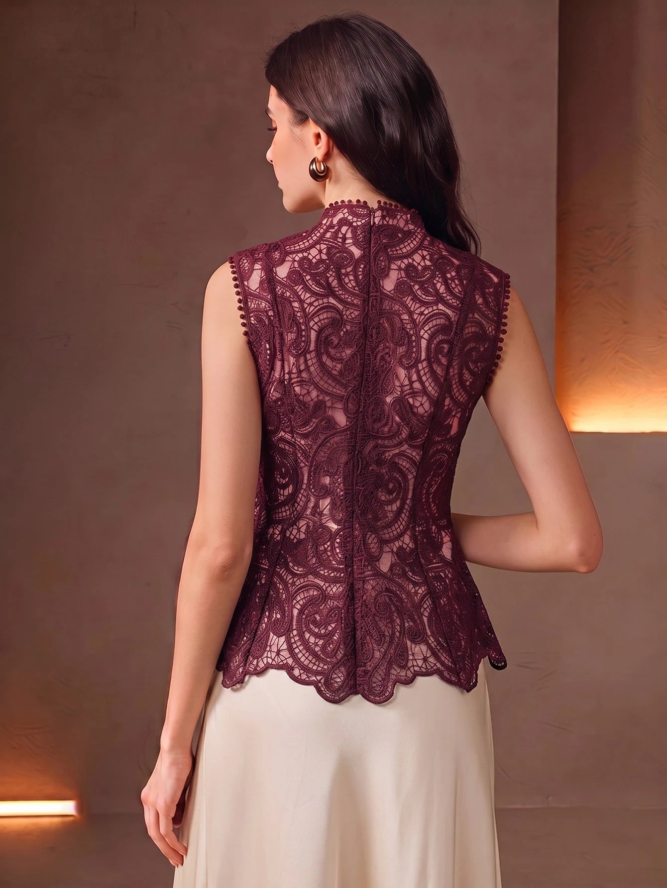 CM-TS786037 Women Elegant Seoul Style Stand Collar Sleeveless Lace Hollow Patchwork Ruffle Waist Cinched Tank Top - Burgundy