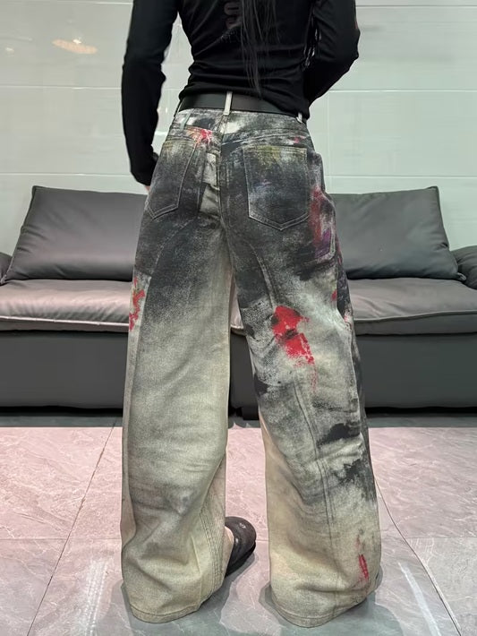 CM-BT477920 Women Casual Seoul Style Mid Waist 3D Printed Graffiti Loose-Fit Wide Leg Jeans
