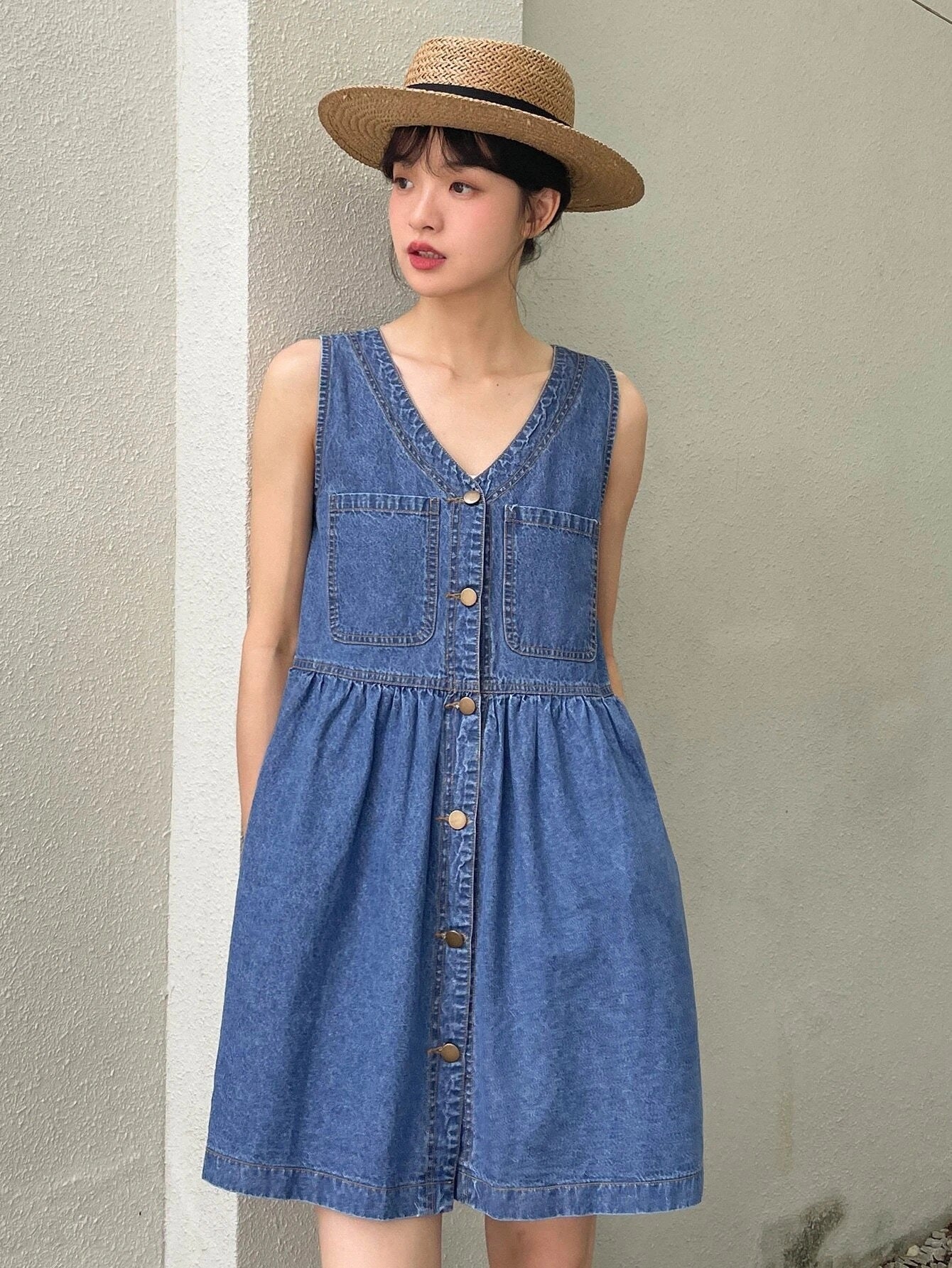 CM-DS941911 Women Preppy Seoul Style Medium Wash Button Front Denim Dress