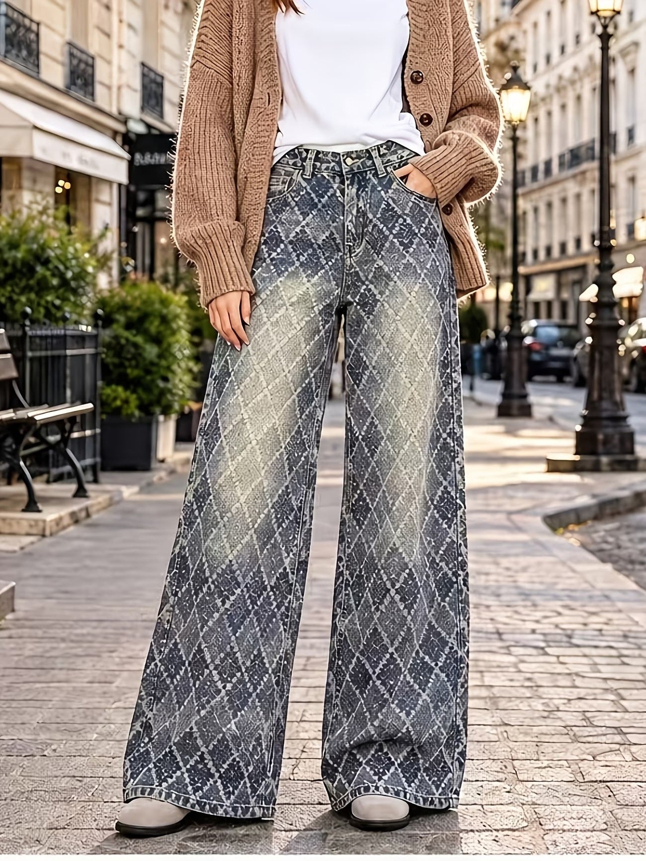 CM-BT560114 Women Casual Seoul Style Medium Wash High Waist Diamond Jacquard Floor Length Wide-Leg Jeans