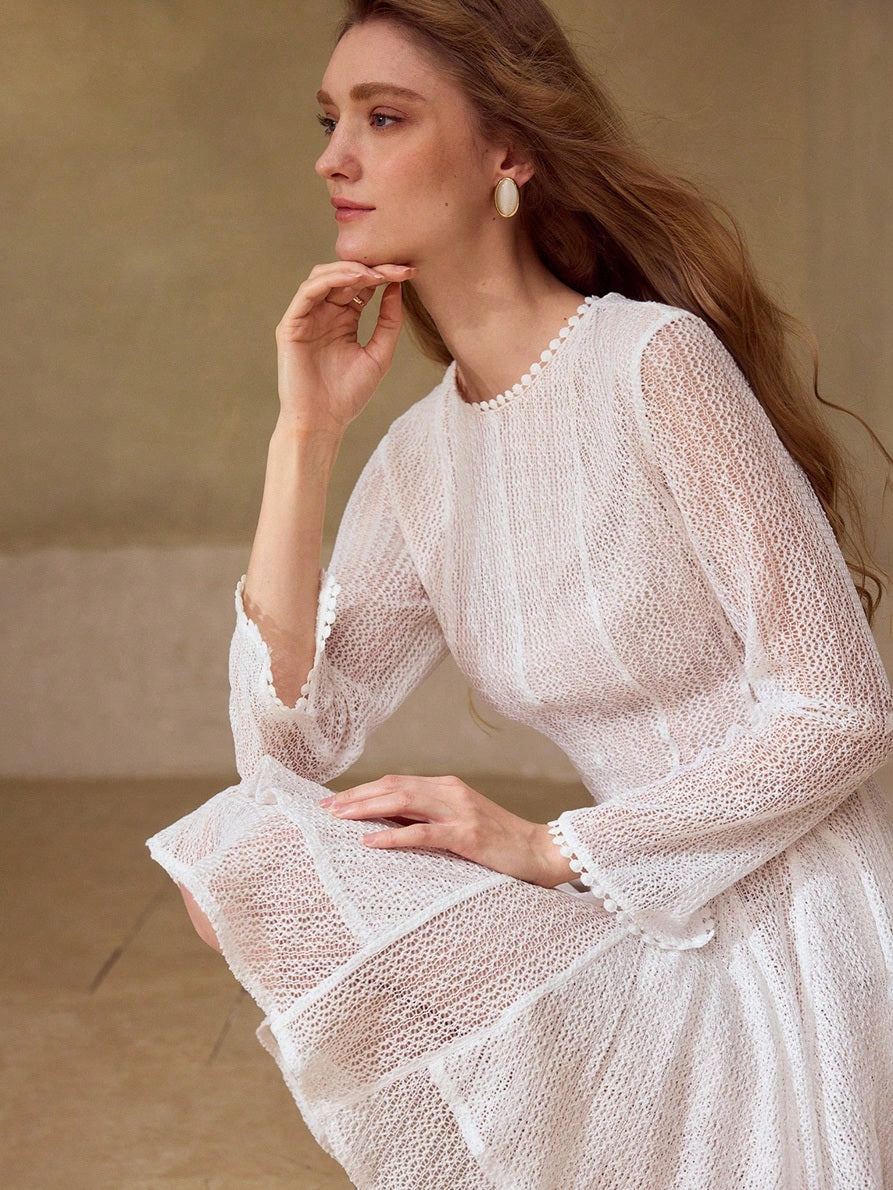 CM-DS782696 Women Elegant Seoul Style Round Neck Long Sleeve Lace Hollow Out See-Through Short Dress - White