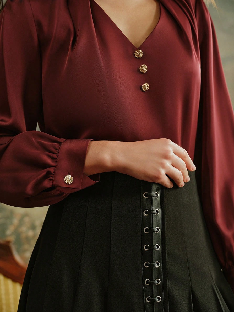 CM-SS488279 Women Elegant Seoul Style V-Neck Long Sleeve Top With Leather Strap Pleated Skirt - Set