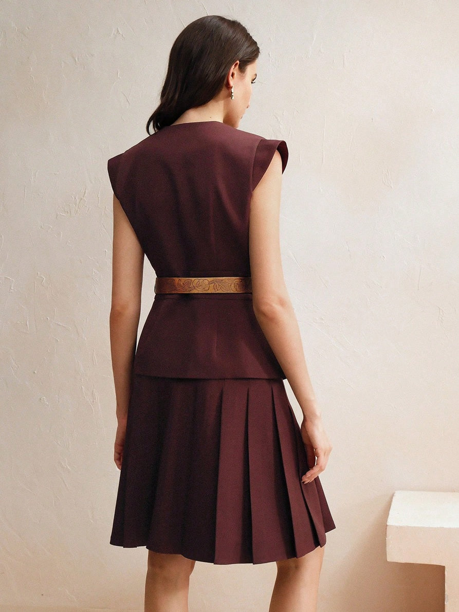 CM-SS912249 Women Elegant Seoul Style Round Neck Cap Sleeve Waist Belt Pleated Embellished Top With Midi Skirt - Set
