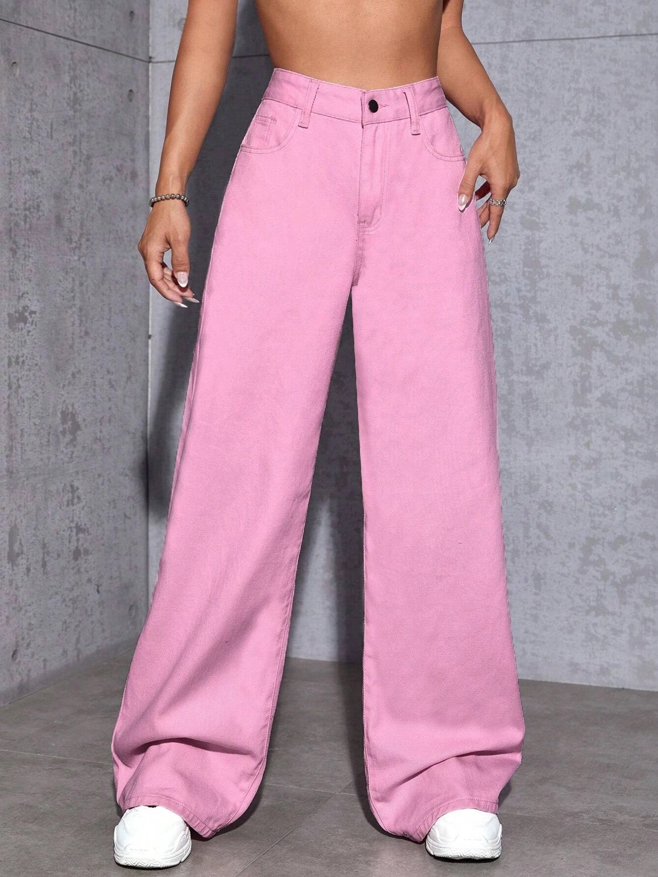 CM-BS522322 Women Casual Seoul Style High Waist Solid Wide Leg Jeans - Pink