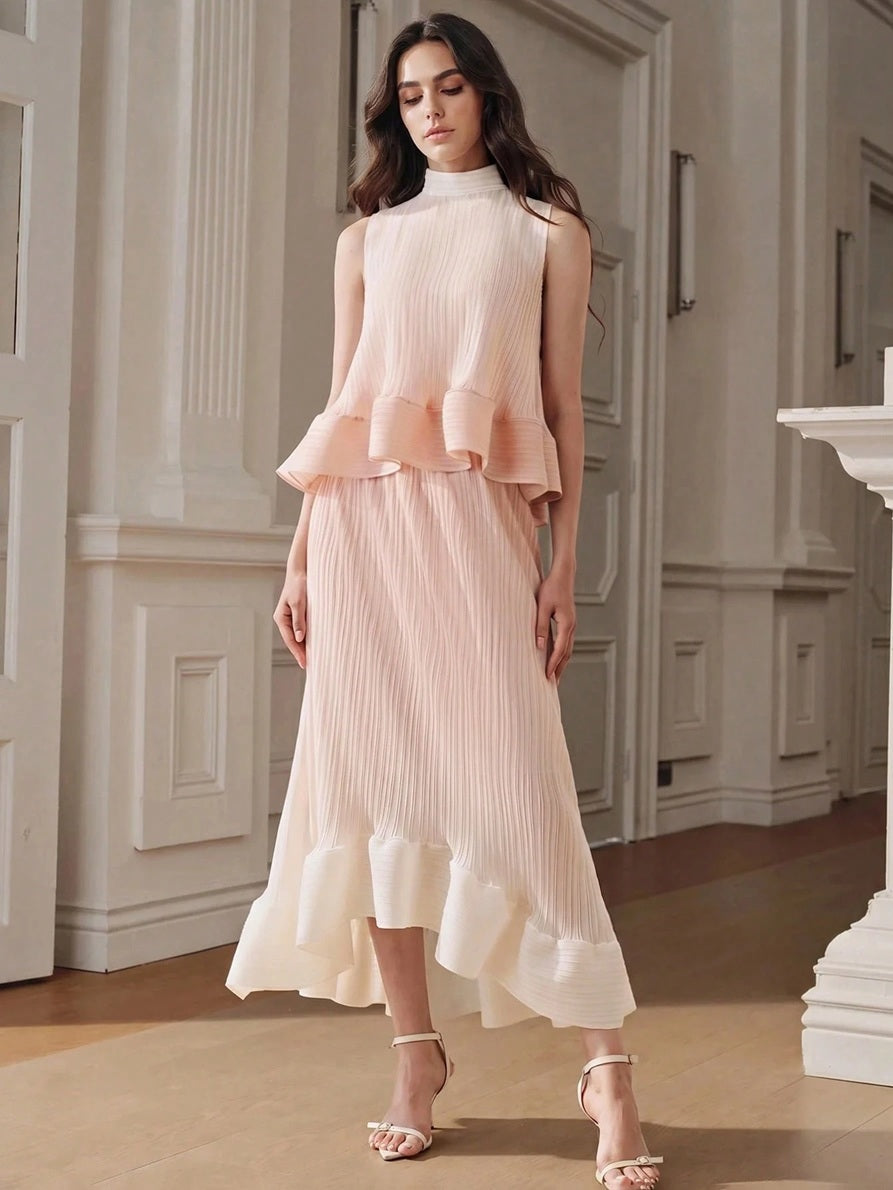 CM-BS525473 Women Elegant Seoul Style Mid Waist Pleated Gradient Color Asymmetrical Skirt - Baby Pink