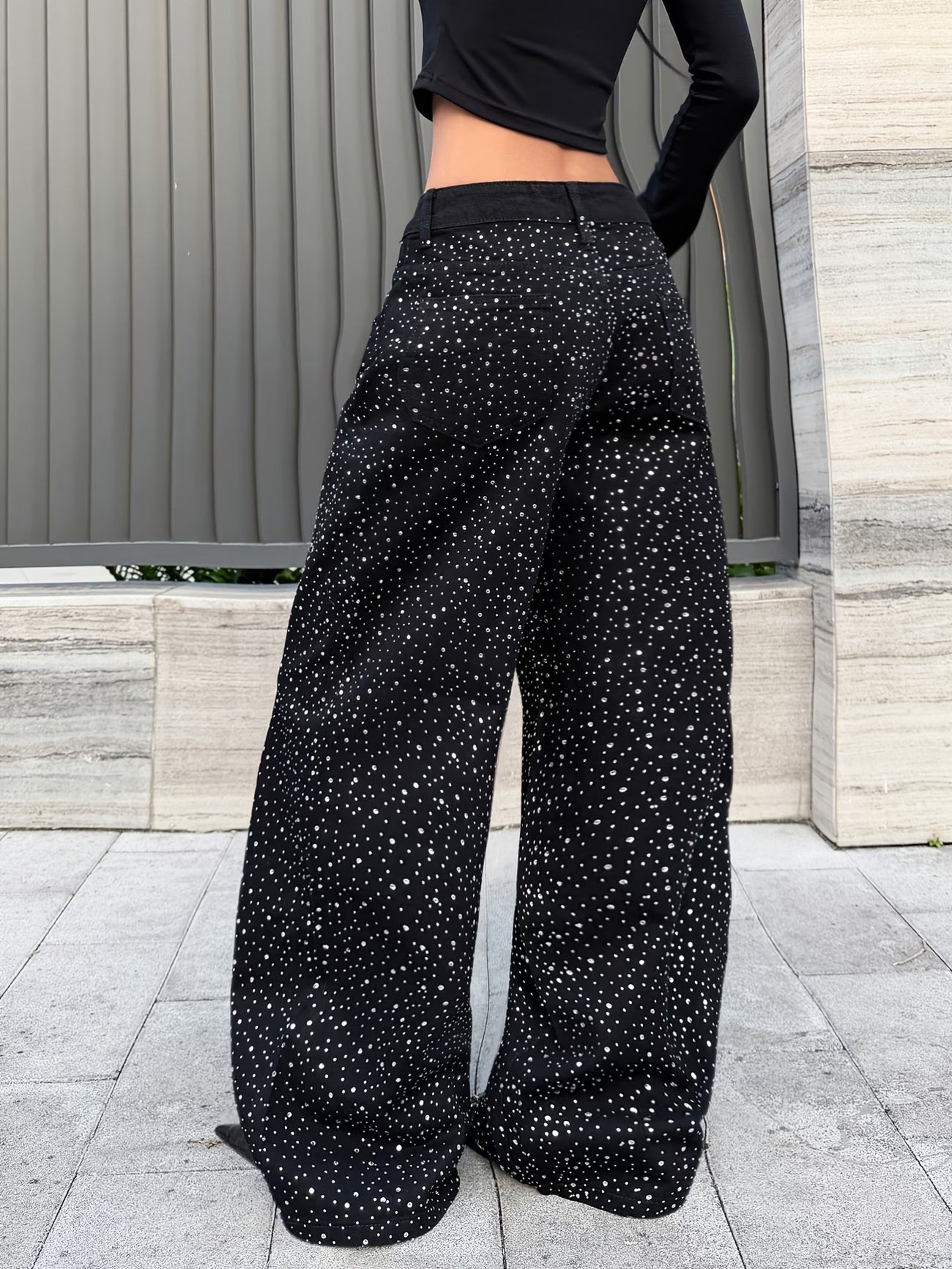 CM-BT984599 Women Elegant Seoul Style Sequined High-Waist Loose Wide Leg Jeans - Black