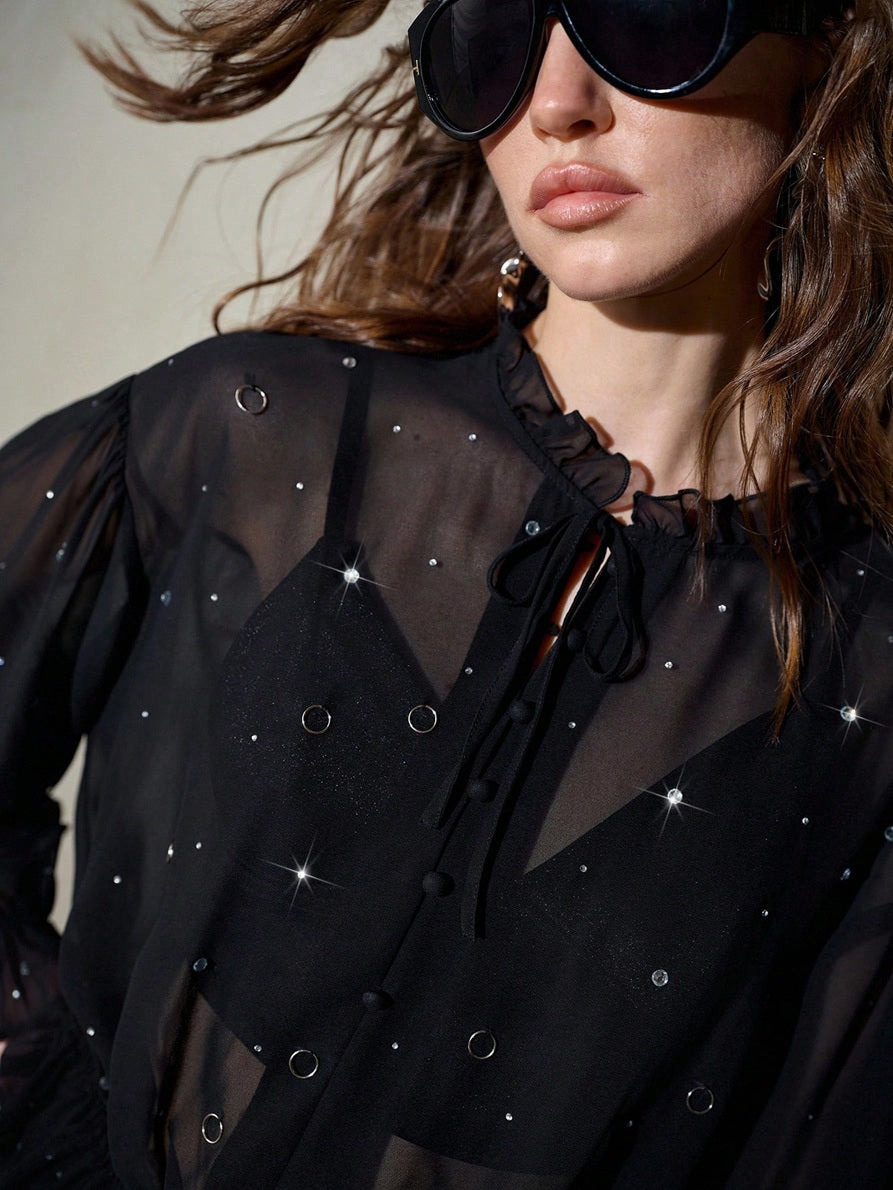 CM-TS731496 Women Elegant Seoul Style Front Tie Embellished Rhinestone Hand Sewn Metal Decor Ruffle Hem Sheer Blouse