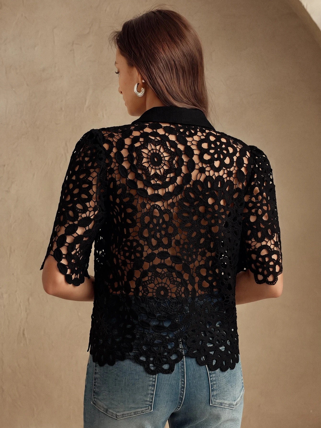 CM-TS461448 Women Casual Seoul Style Collar Neckline Half Sleeve Floral Hollow Out Lace Shirt Blouse - Black