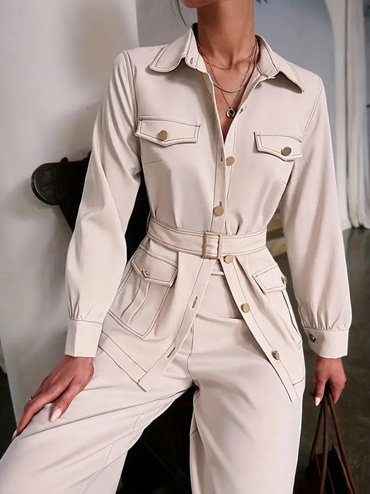 CM-ST801370 Women Elegant Seoul Style Solid Color Pleated Pocket Decor Long Sleeve Top With Pants - Set