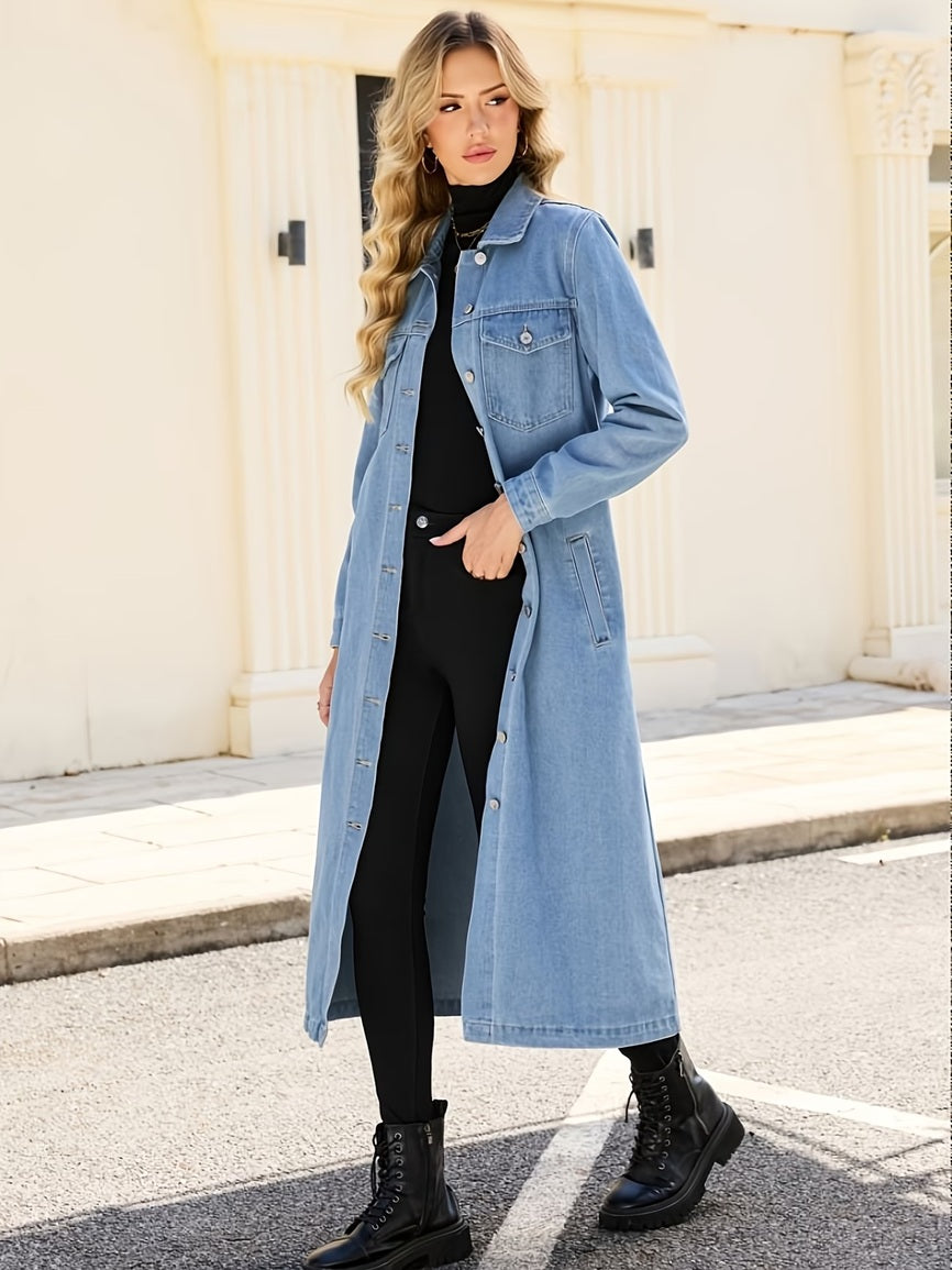 CM-CT178953 Women Casual Seoul Style Lapel Neckline Long Sleeve Knee Extended Shirt Denim Jacket - Sky Blue