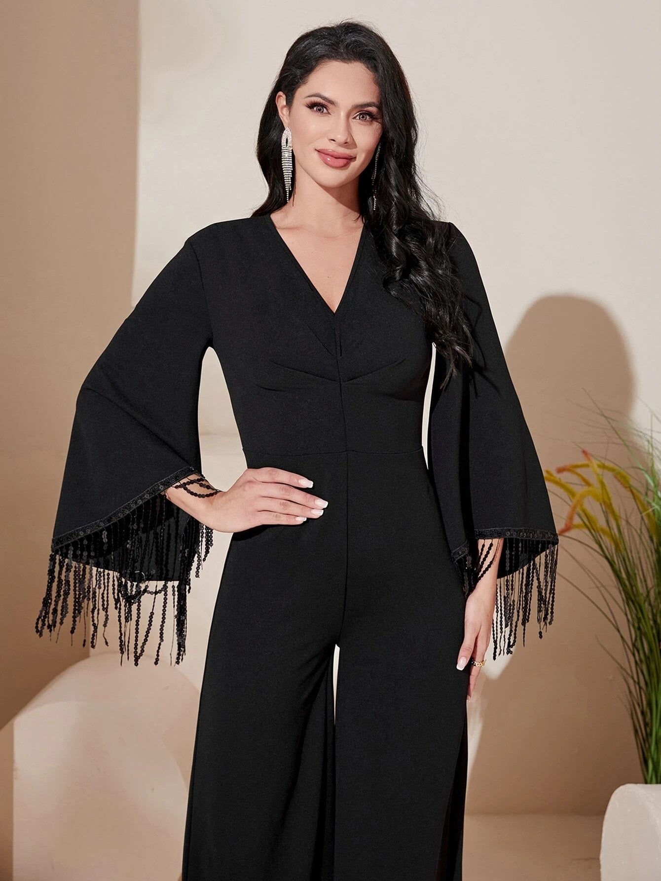 CM-JS186835 Women Elegant Seoul Style Long Sleeve Fringe Trim Wide Leg Jumpsuit - Black