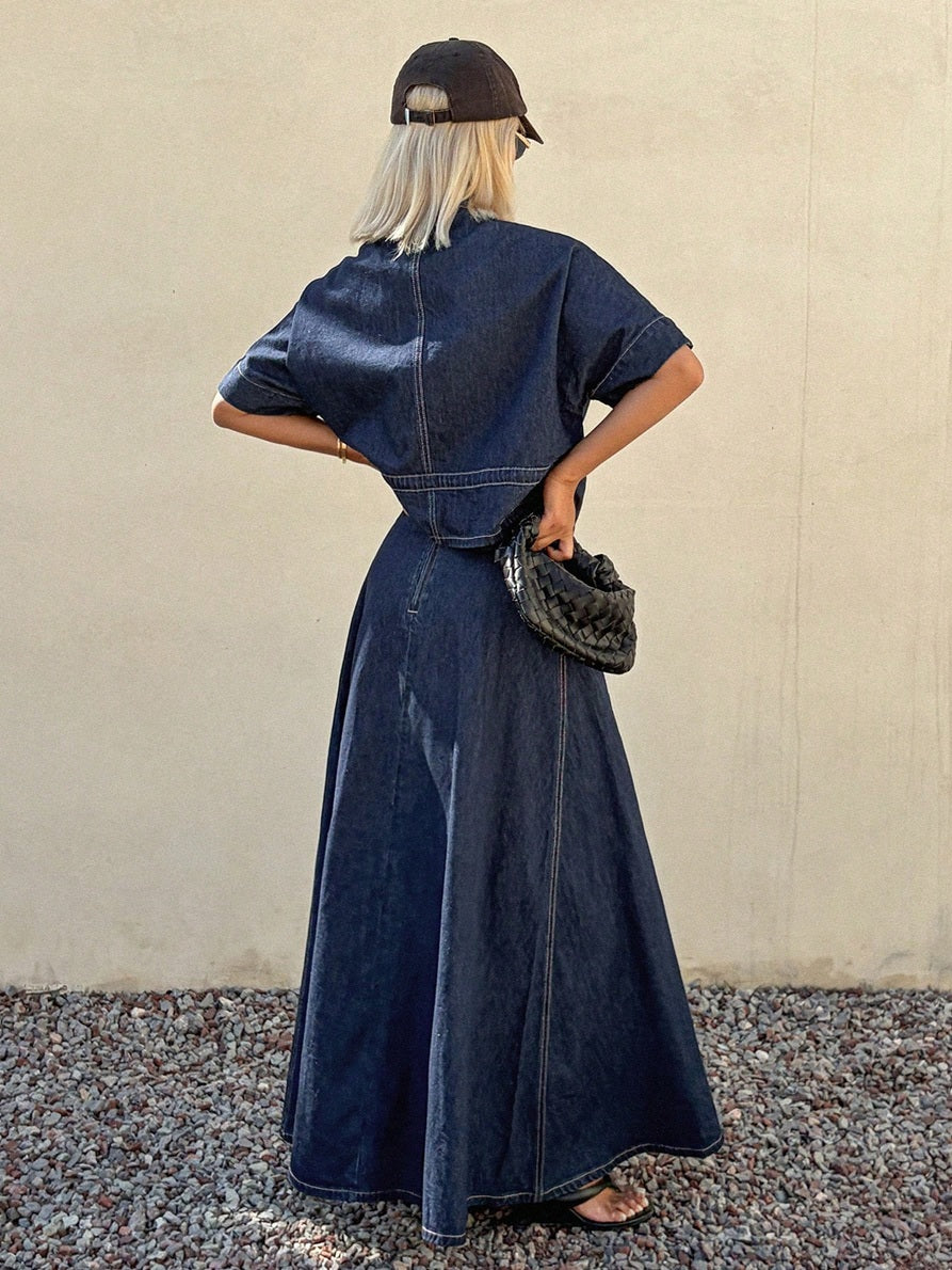 CM-SS535527 Women Casual Seoul Style Stand Collar Short Sleeve Cinched Waist Drawstring Denim Top With A-Line Long Skirt - Set