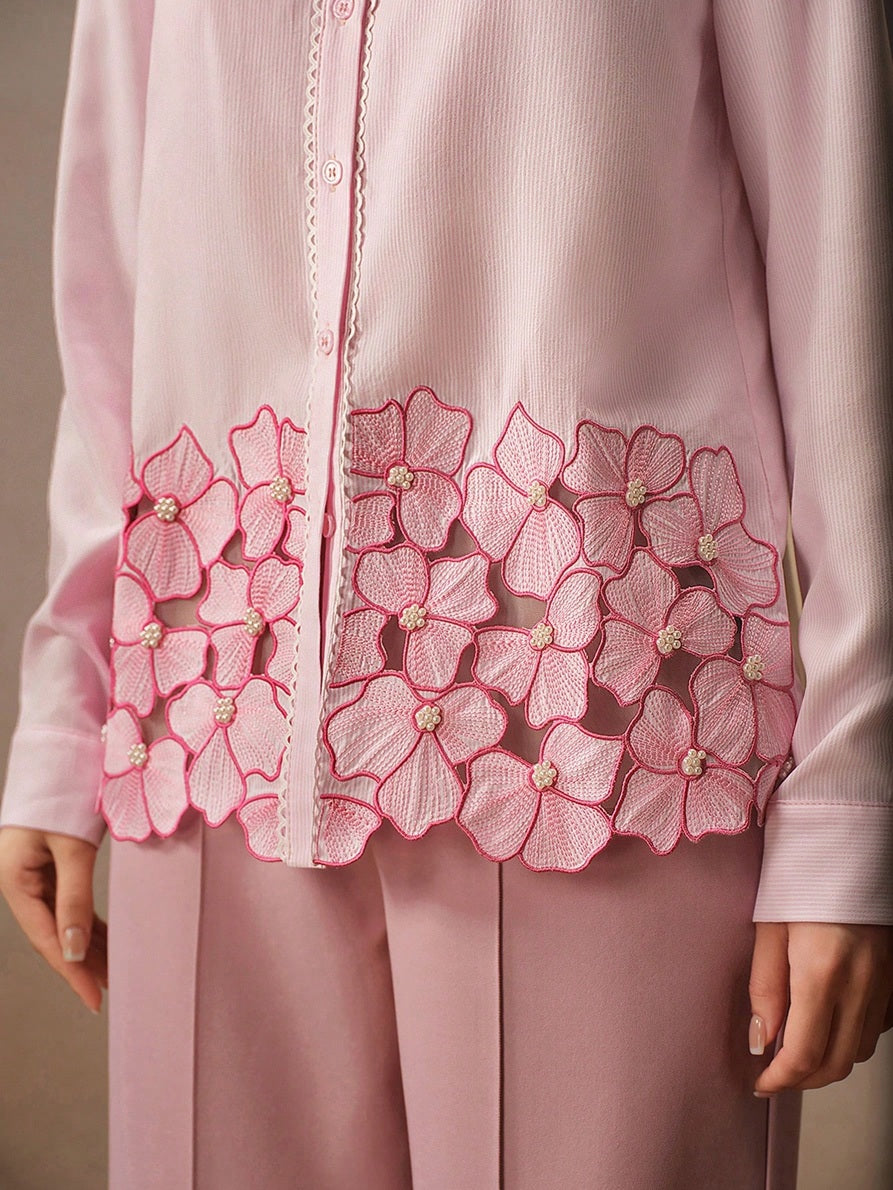 CM-TS844631 Women Elegant Seoul Style Shirt Collar Long Sleeve Hollow Out Asymmetrical Floral Print Top - Pink