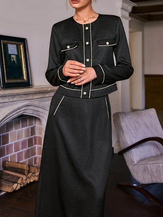 CM-ST021830 Women Elegant Seoul Style Color-Block Crew Neck Long Sleeve Top With Midi Skirt - Set