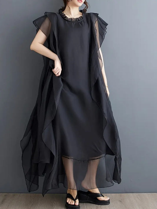 CM-DT040135 Women Elegant Seoul Style Round Neck Double Layer Organza Mesh Sleeveless Ruffle Trim Dress - Black