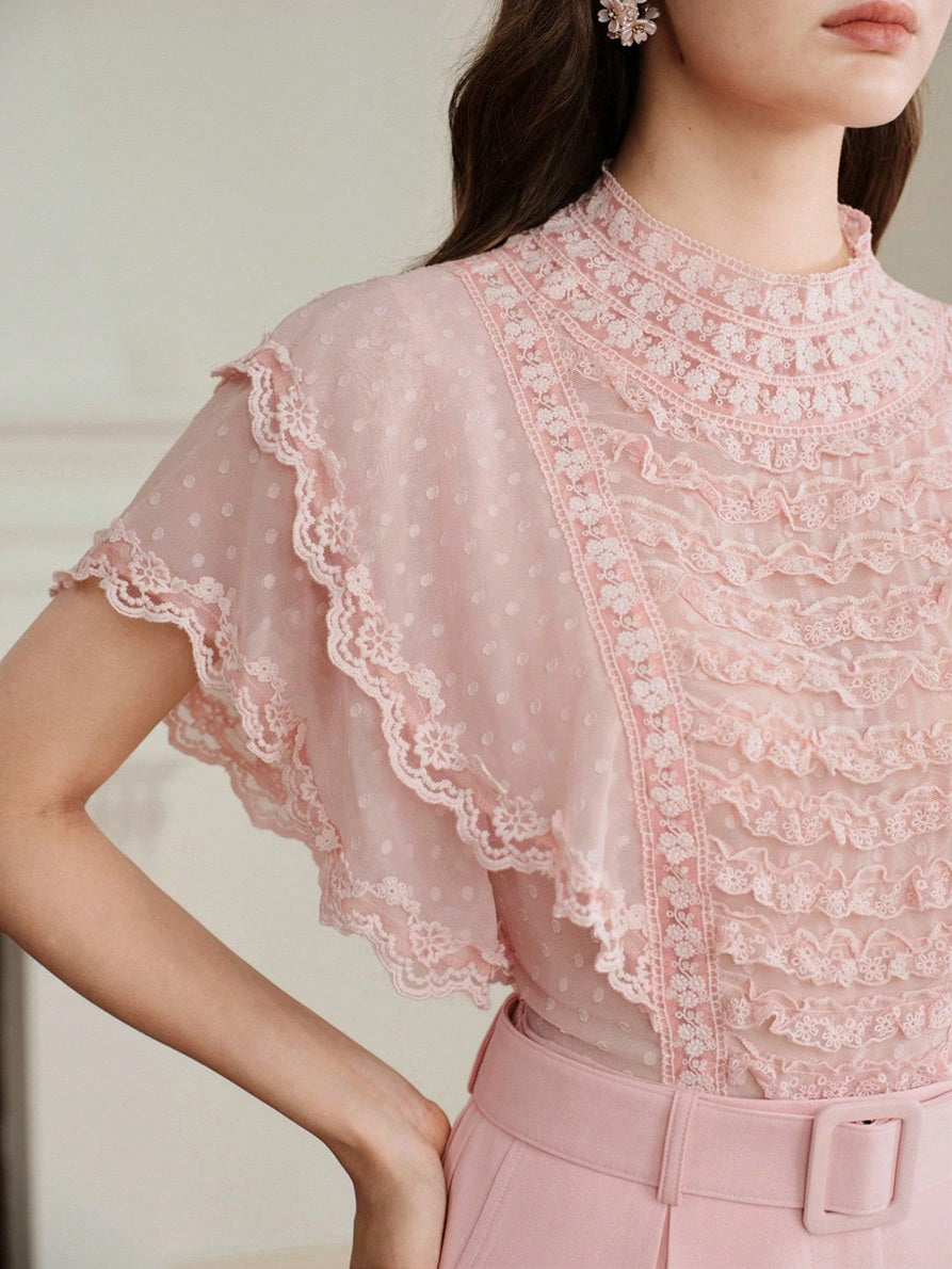 CM-TS161544 Women Elegant Seoul Style Cut-Out Chiffon Contrast Lace Trim Ruffle Short Sleeve Blouse - Pink
