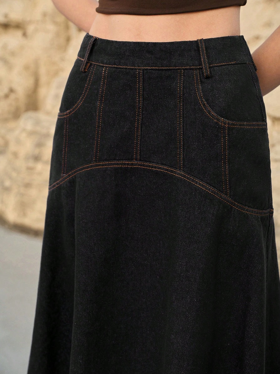 CM-BS379435 Women Casual Seoul Style Mid Waist Slant Pocket A-Line Long Denim Skirt - Black
