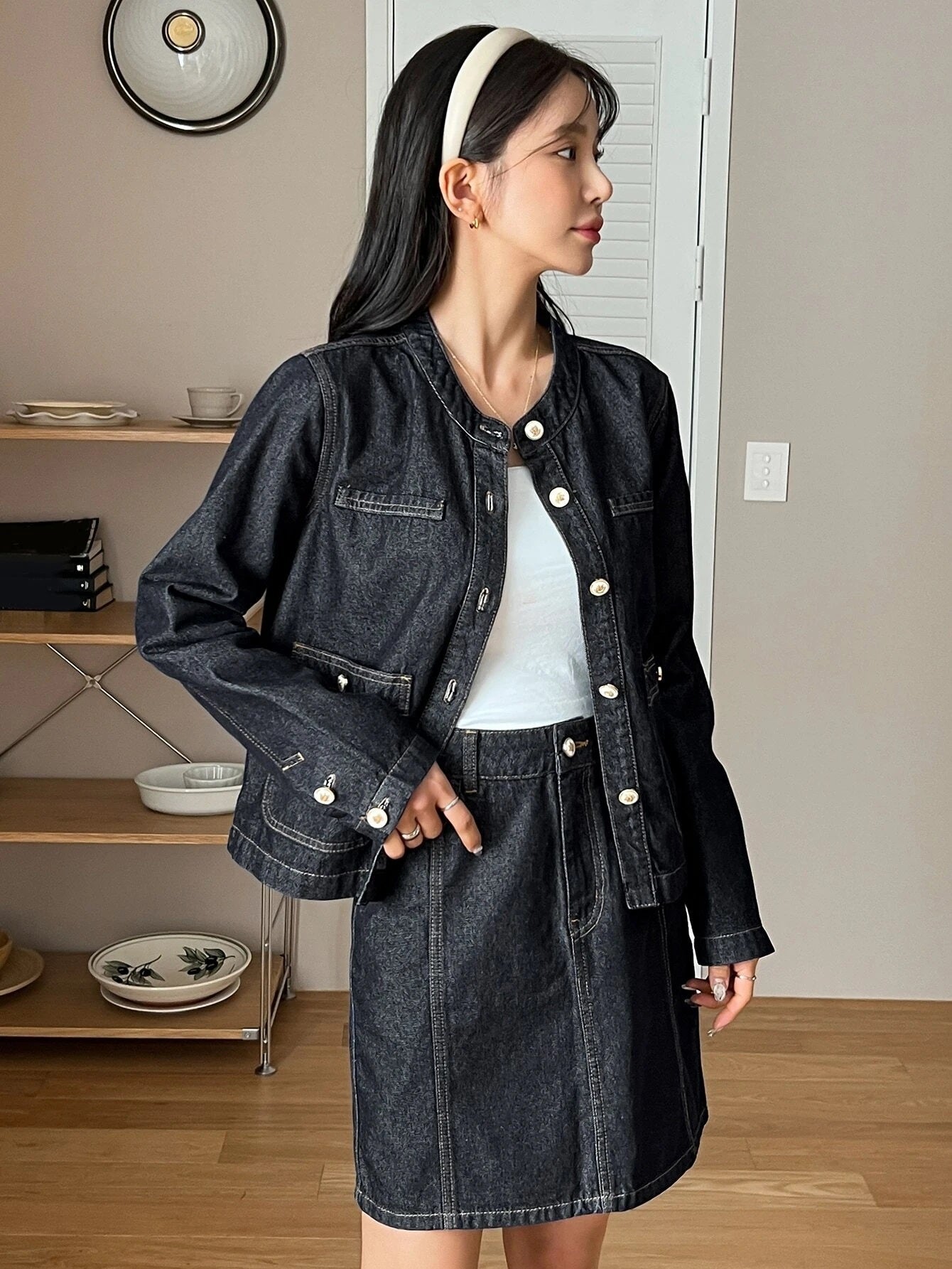 CM-SS746782 Women Preppy Seoul Style Button Front Denim Jacket With Slant Pocket Skirt - Set