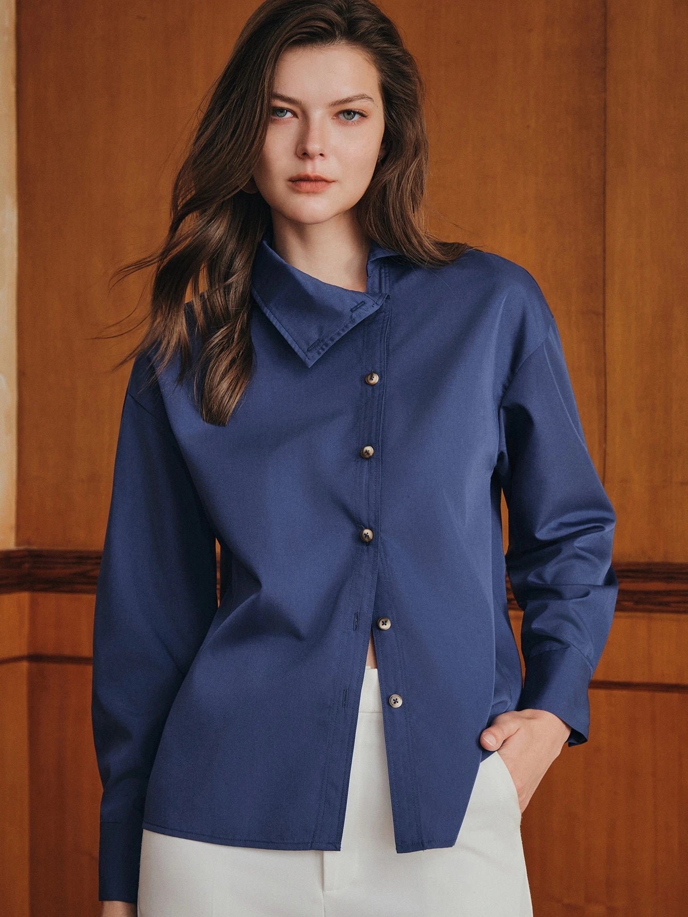 CM-TS778923 Women Elegant Seoul Style Collar Neckline Asymmetric Button Lapel Long Sleeve Blouse - Blue