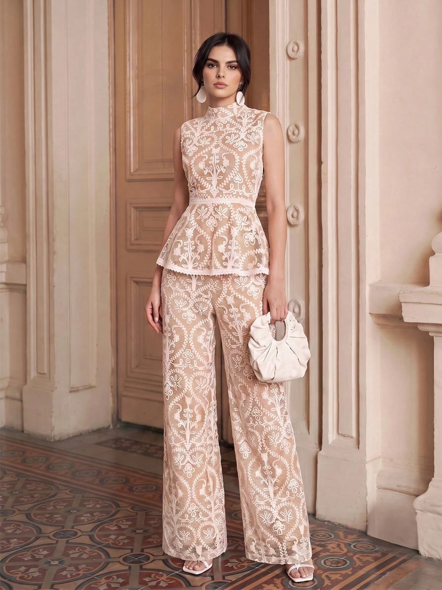 CM-SS686355 Women Elegant Seoul Style Stand Collar Sleeveless Contrast Color Embroidered Top With Straight Leg Pants - Set