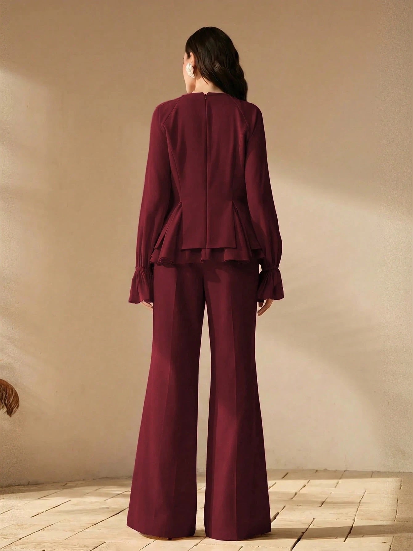CM-SS795385 Women Elegant Seoul Style Round Neck Long Sleeve Chiffon Patchwork Blouse With Flared Leg Pants - Set