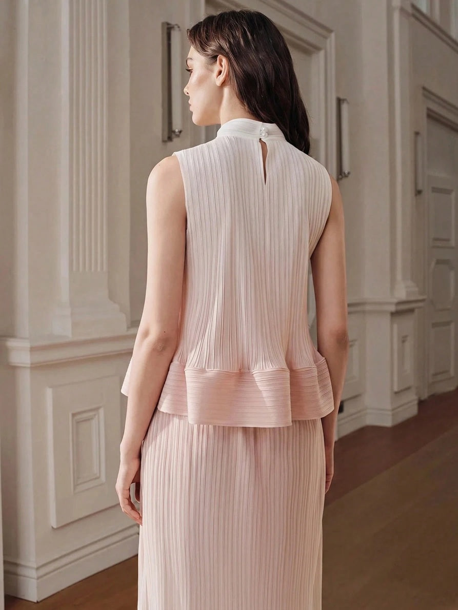 CM-TS946777 Women Elegant Seoul Style Stand Collar Sleeveless Pleated Gradient Color Pleated Top - Baby Pink