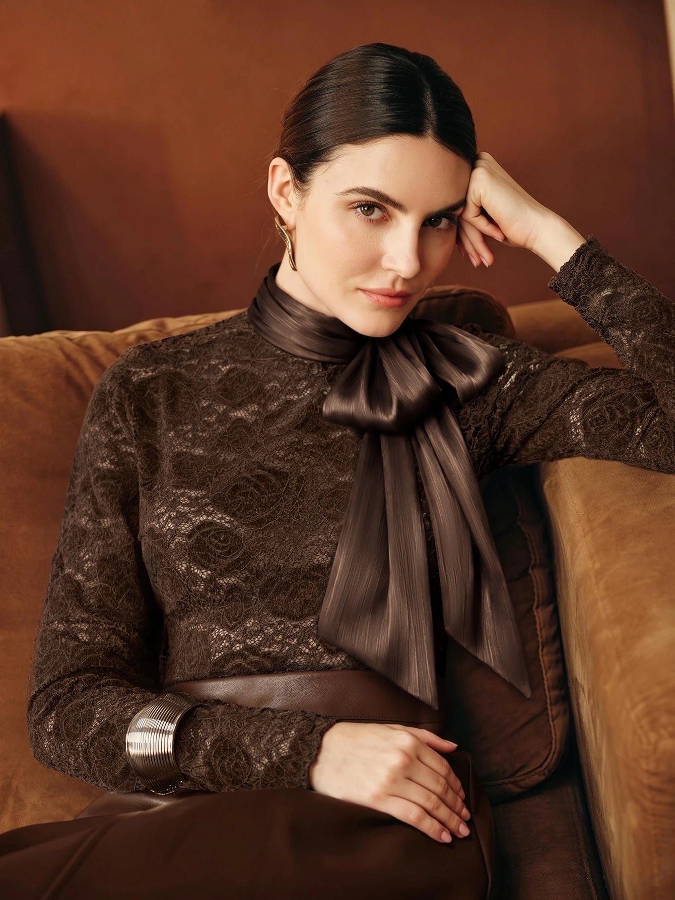 CM-TS166760 Women Elegant Seoul Style Stand Collar Long Sleeve Hollow Lace Rose Bow Top - Brown