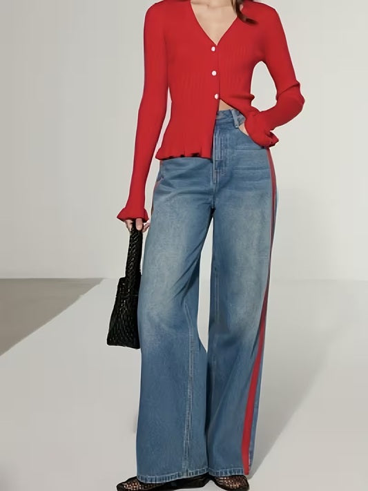 CM-BT342902 Women Casual Seoul Style Medium Wash Straight-Leg Webbing Patchwork Jeans