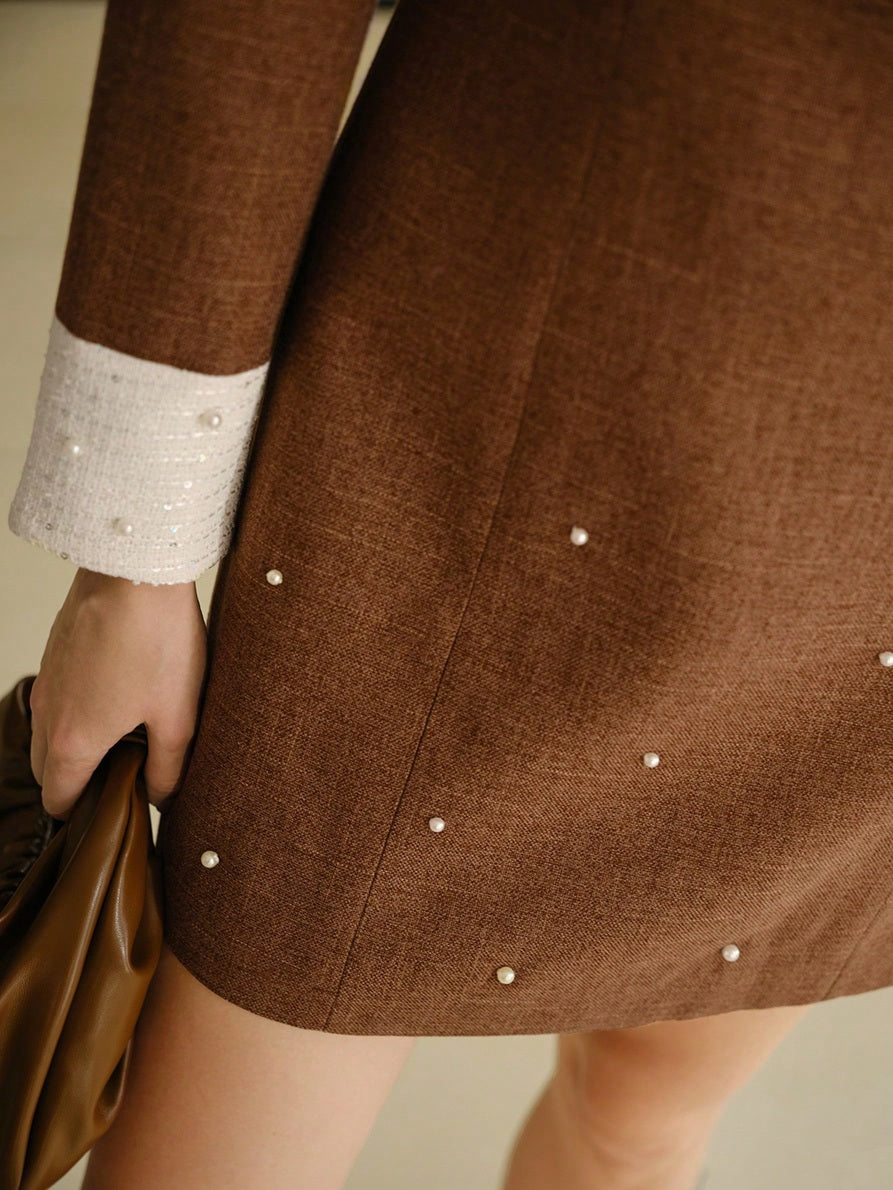 CM-DS343550 Women Elegant Seoul Style Contrast Panel Long Sleeve Faux Pearl Detail Short Dress - Brown
