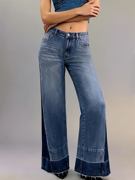 CM-BT828537 Women Casual Seoul Style Mid Waist Colorblock Patchwork Raw Hem Loose Fit Wide-Leg Jeans
