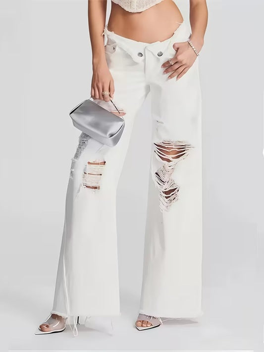 CM-BT067668 Women Casual Seoul Style Mid Waist Distressed Waistband Ripped Jeans - Beige
