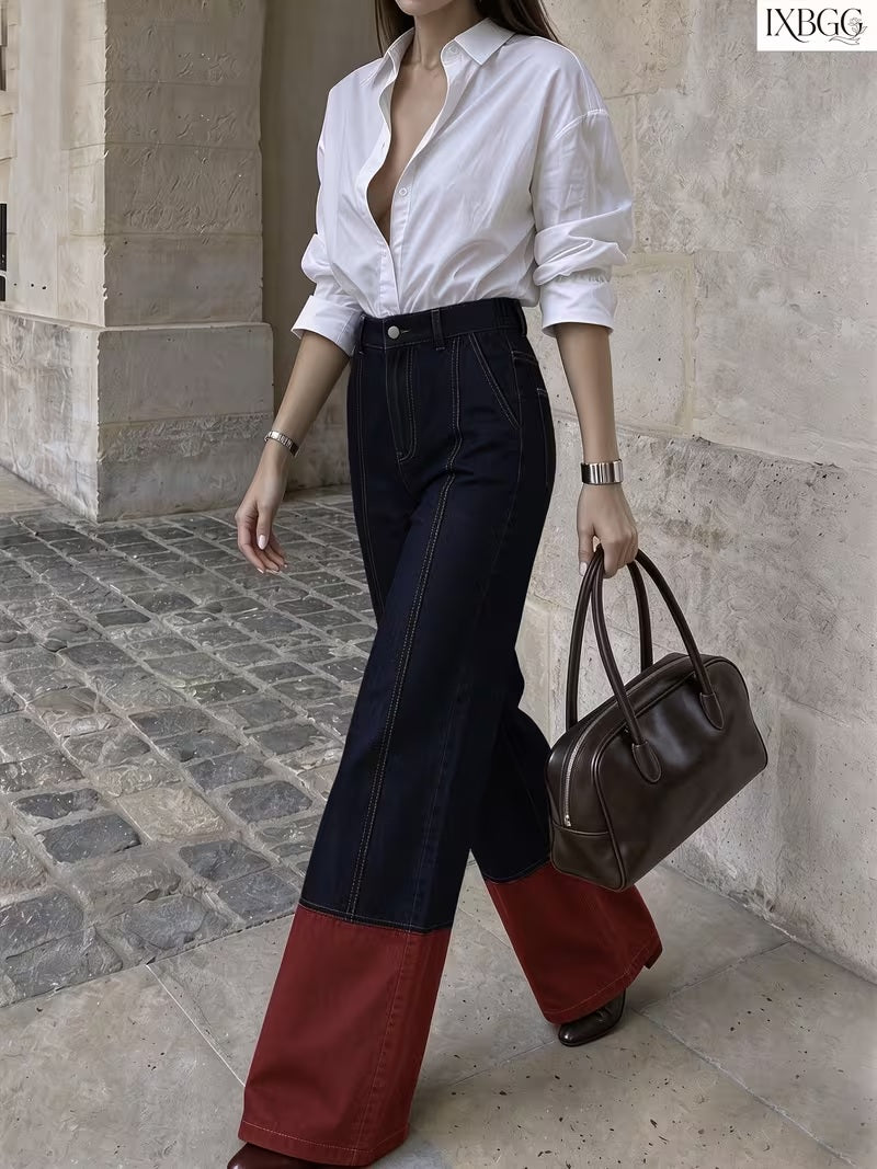 CM-BT832666 Women Casual Seoul Style Mid-Rise Blue Red Contrast Patchwork Straight Loose Wide Leg Jeans