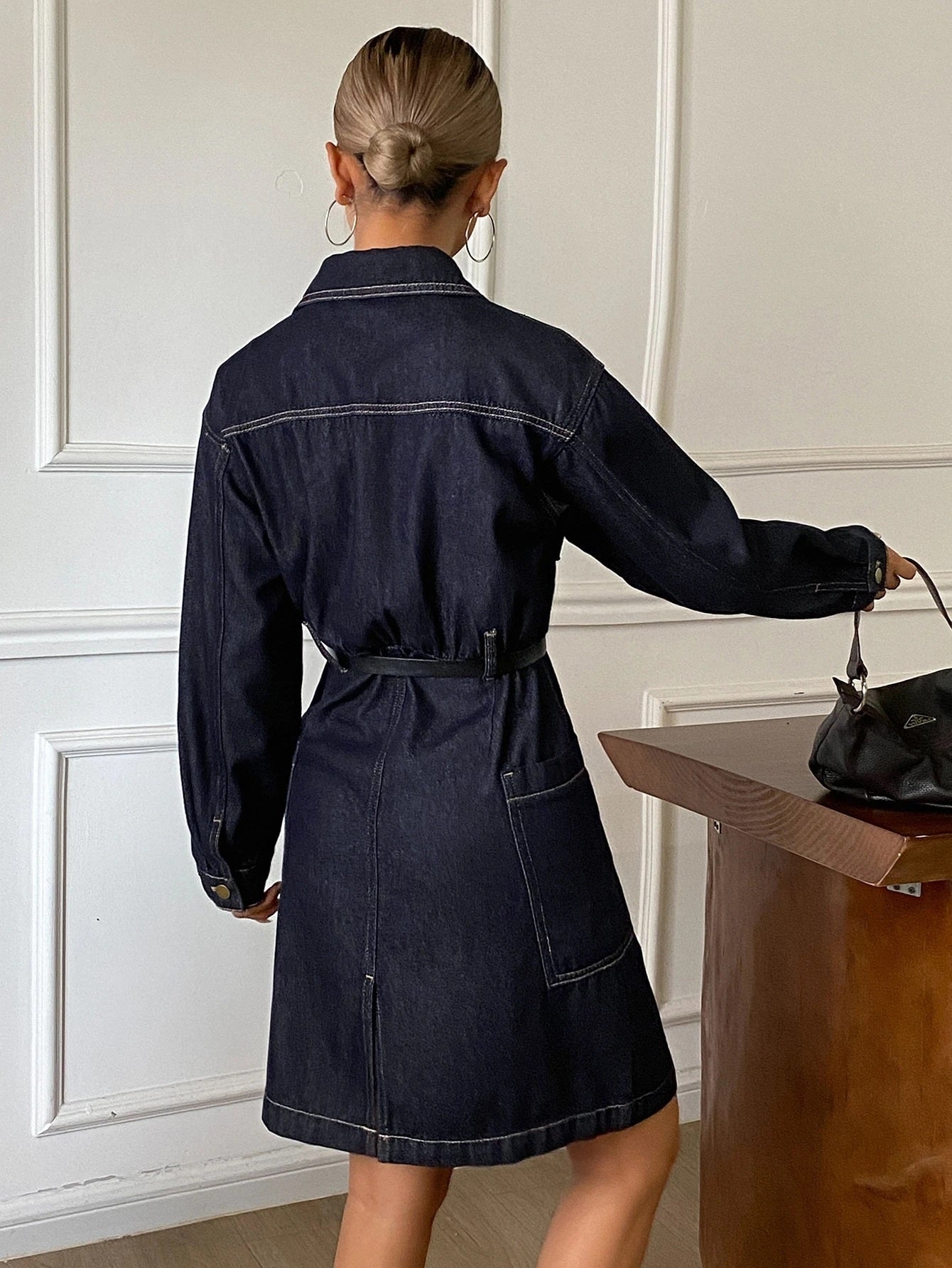 CM-DS937408 Women Casual Seoul Style Dark Wash Collar Neckline Wrist Length Sleeve Loose Fit Short Denim Dress