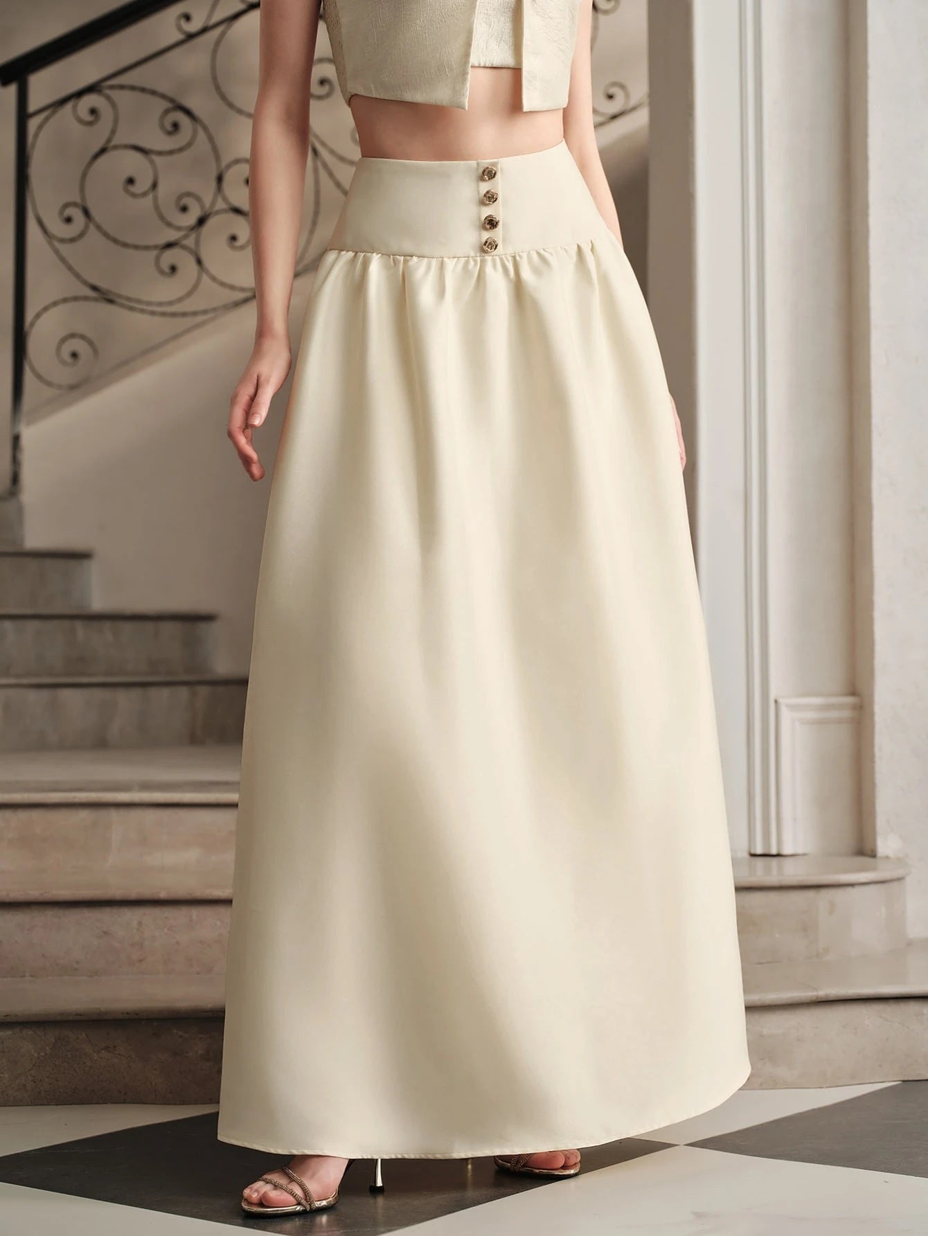 CM-BS399699 Women Elegant Seoul Style Mid Waist Ruched A-Line Flared Long Skirt - Apricot