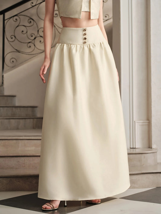 CM-BS399699 Women Elegant Seoul Style Mid Waist Ruched A-Line Flared Long Skirt - Apricot