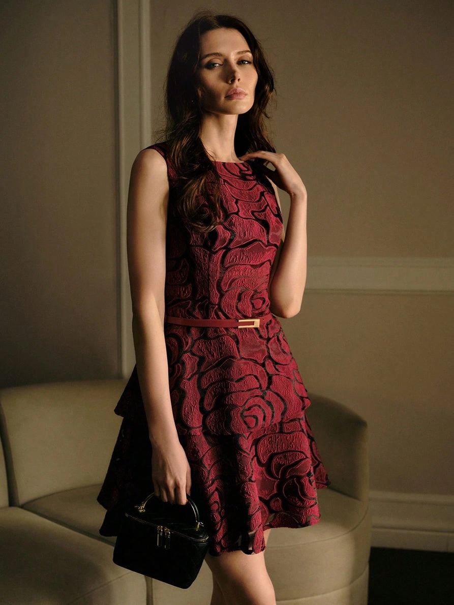 CM-DS718191 Women Elegant Seoul Style Round Neck Sleeveless Cinched Waist A-Line Jacquard Mini Dress - Burgundy