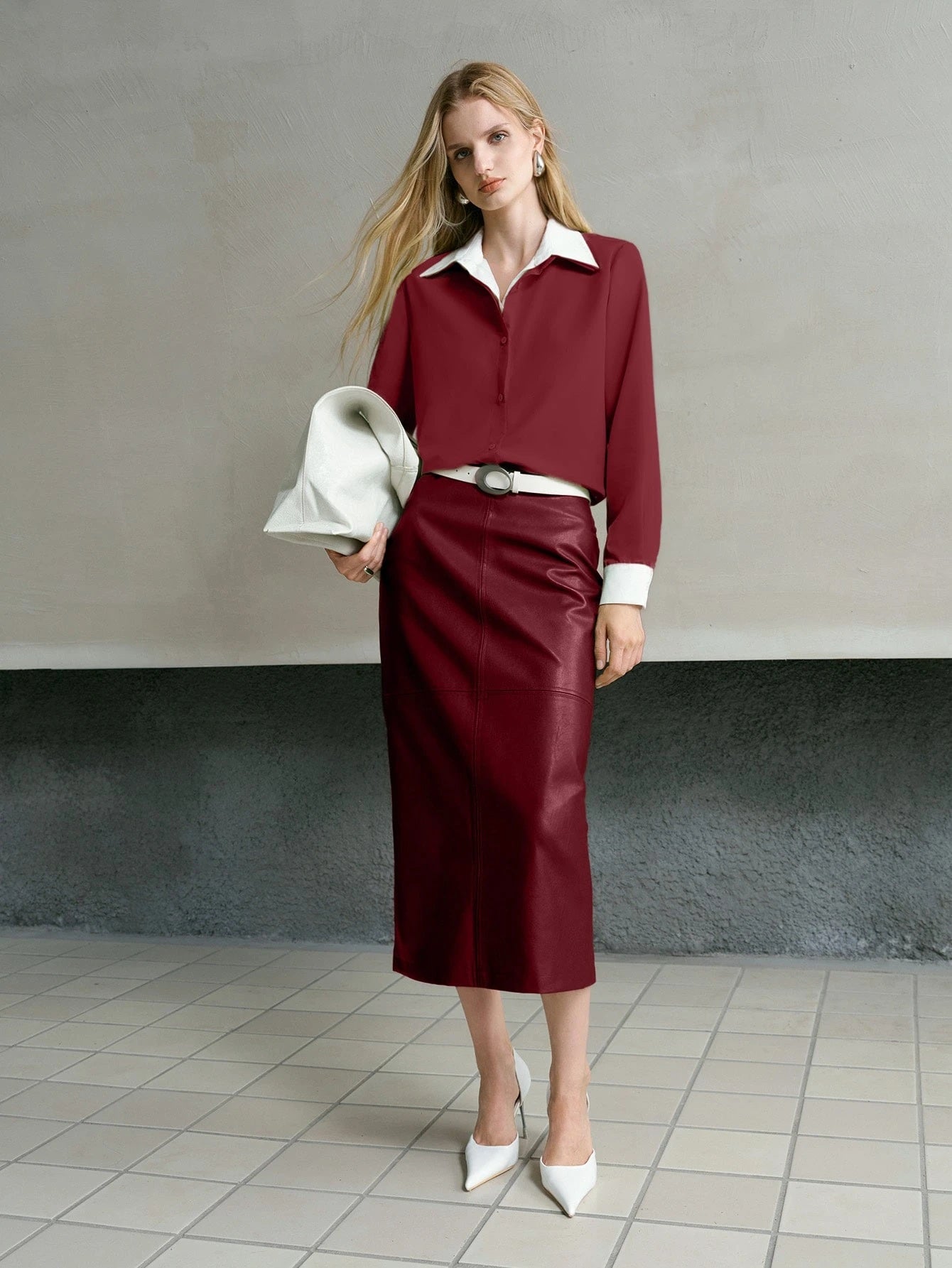 CM-BS407174 Women Elegant Seoul Style Mid Waist PU Leather Elastic Waist Split Hem Skirt - Burgundy