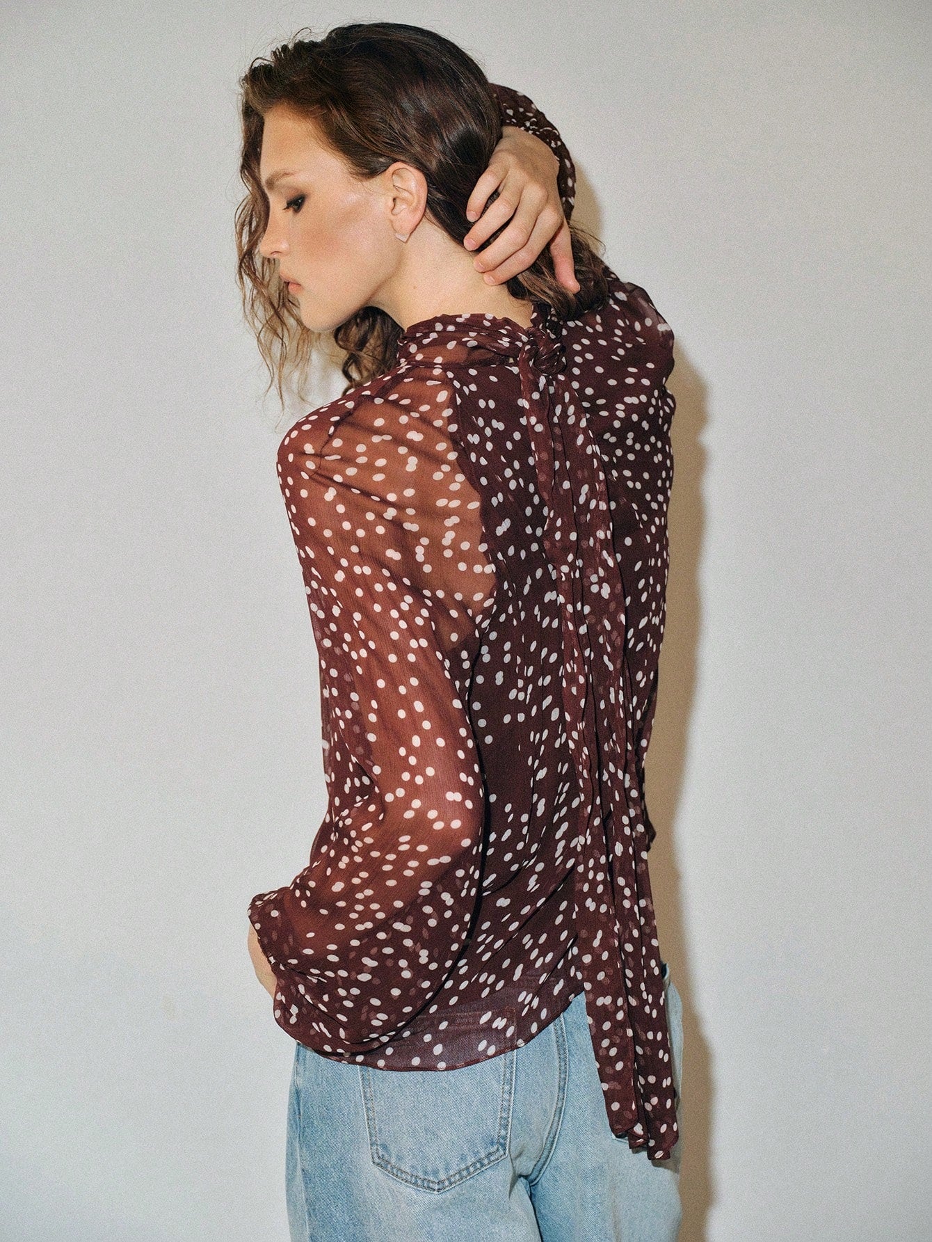 CM-TS223440 Women Elegant Seoul Style Bow Tie Long Sleeve Polka Dot Chiffon Loose Fit Blouse - Coffee Brown
