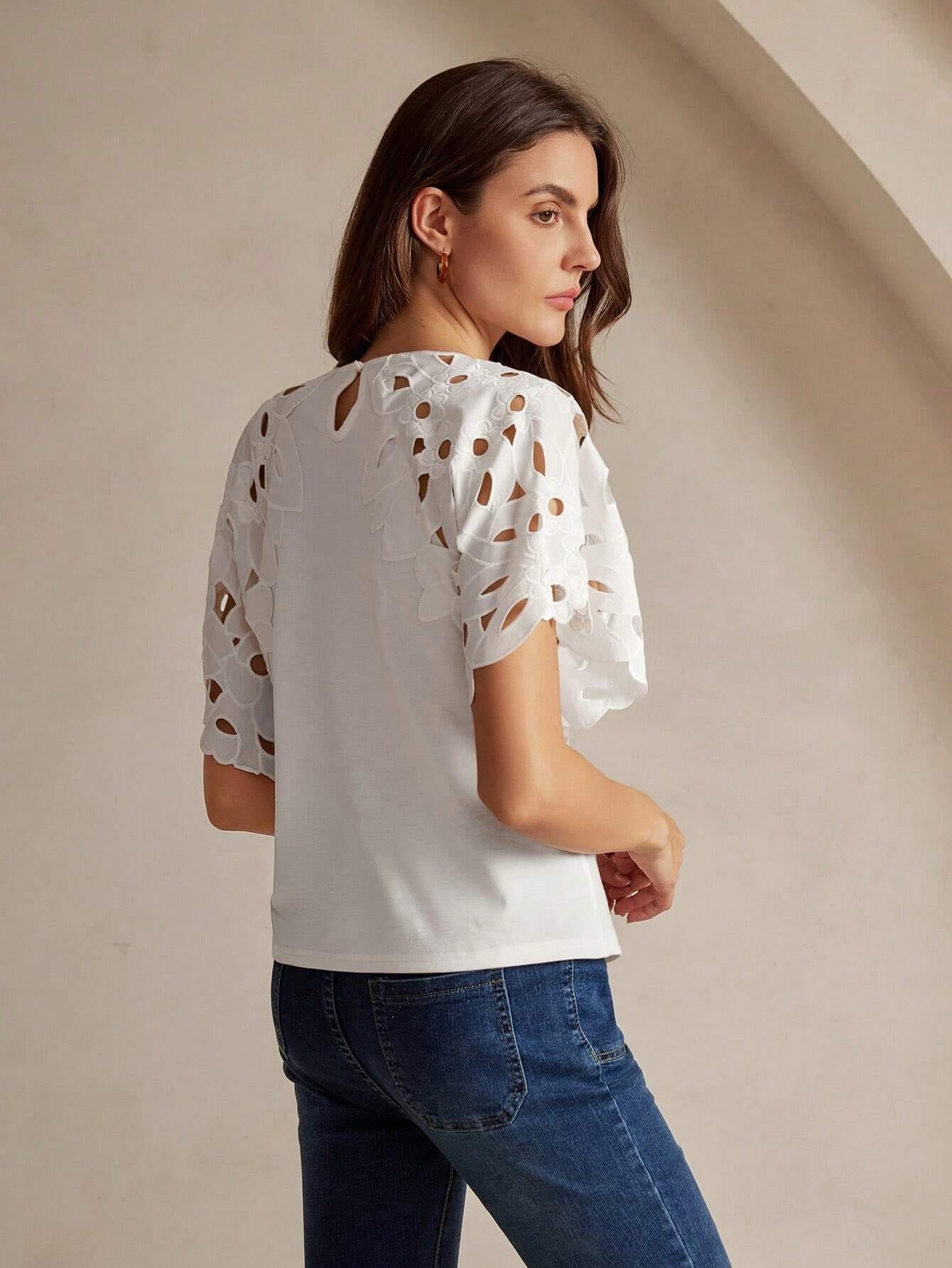 CM-TS186332 Women Casual Seoul Style Round Neck Batwing Sleeve Cut-Out T-Shirt - White