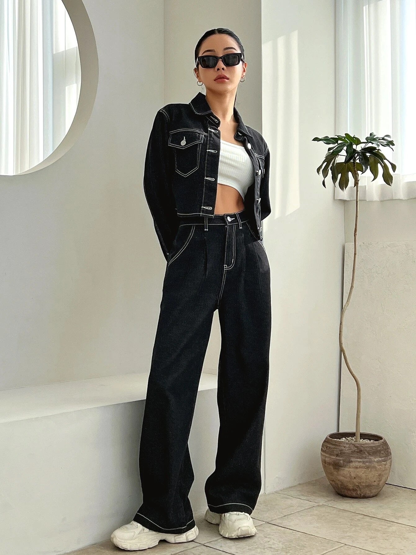 CM-SS935935 Women Preppy Seoul Style Flap Pocket Crop Denim Jacket With Wide Leg Jeans - Set