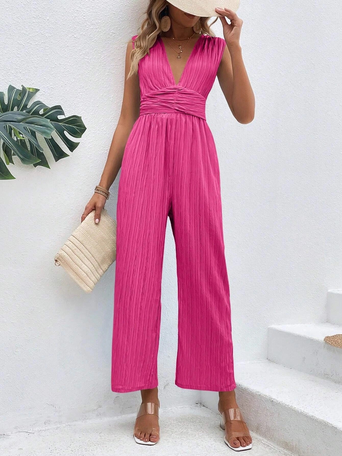 CM-JS493794 Women Casual Seoul Style Plunging Neck Tie Back Wide Leg Jumpsuit - Hot Pink