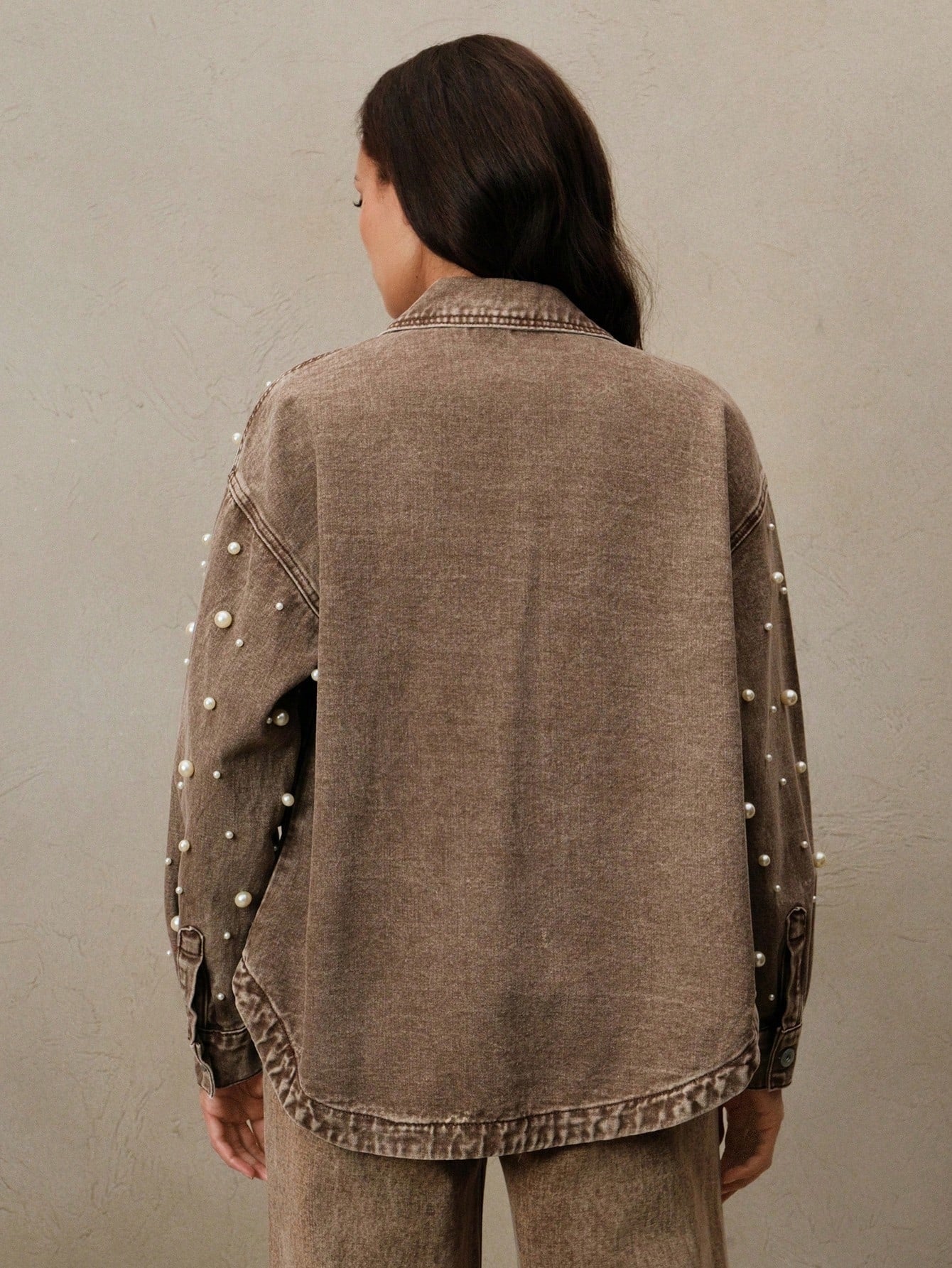 CM-CS541198 Women Elegant Seoul Style Collar Neckline Long Sleeve Rhinestone Embellished Long Denim Jacket - Brown