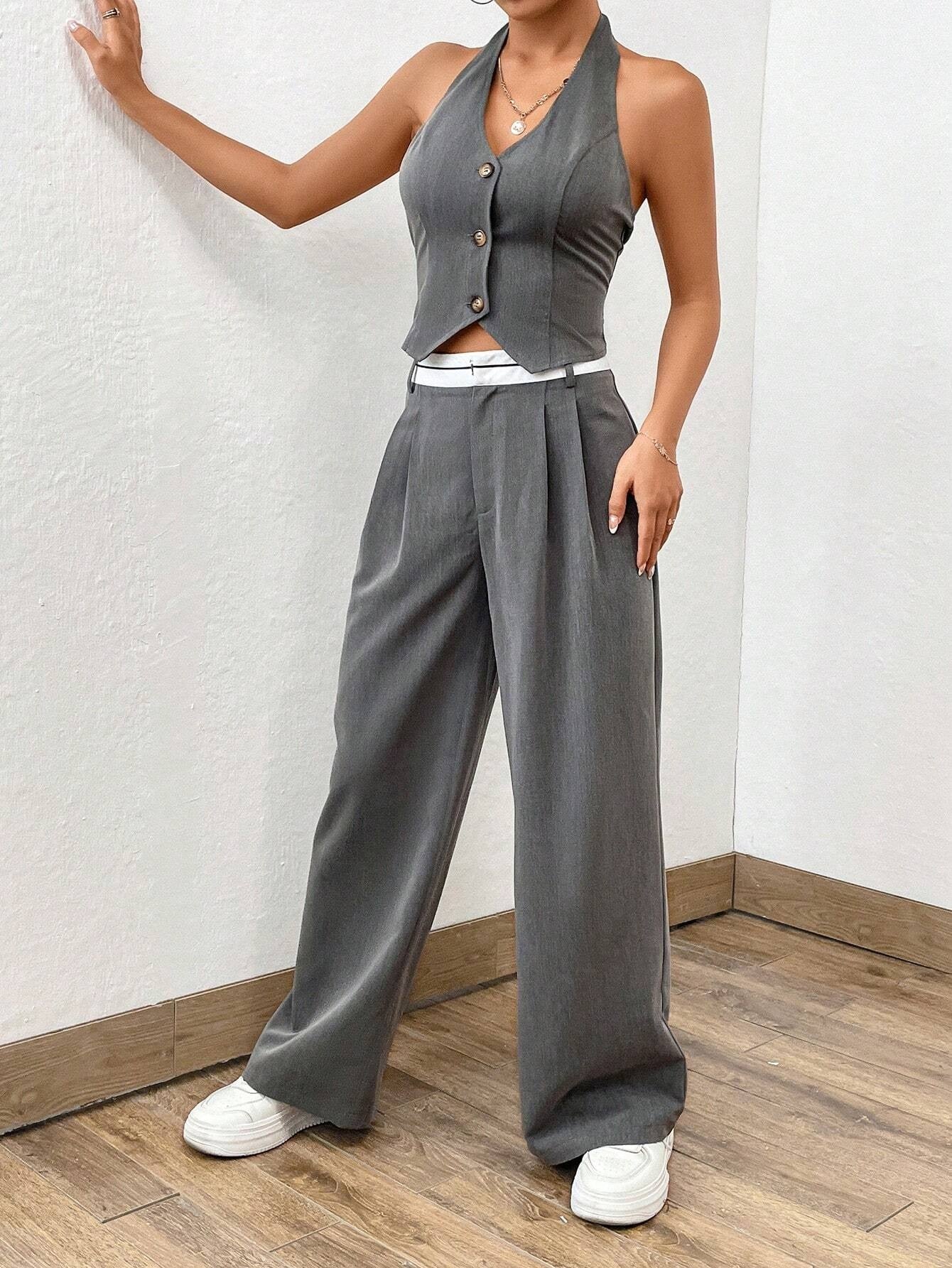 CM-SS333434 Women Casual Seoul Style Button Front Halter Top With Wide Leg Pants - Set