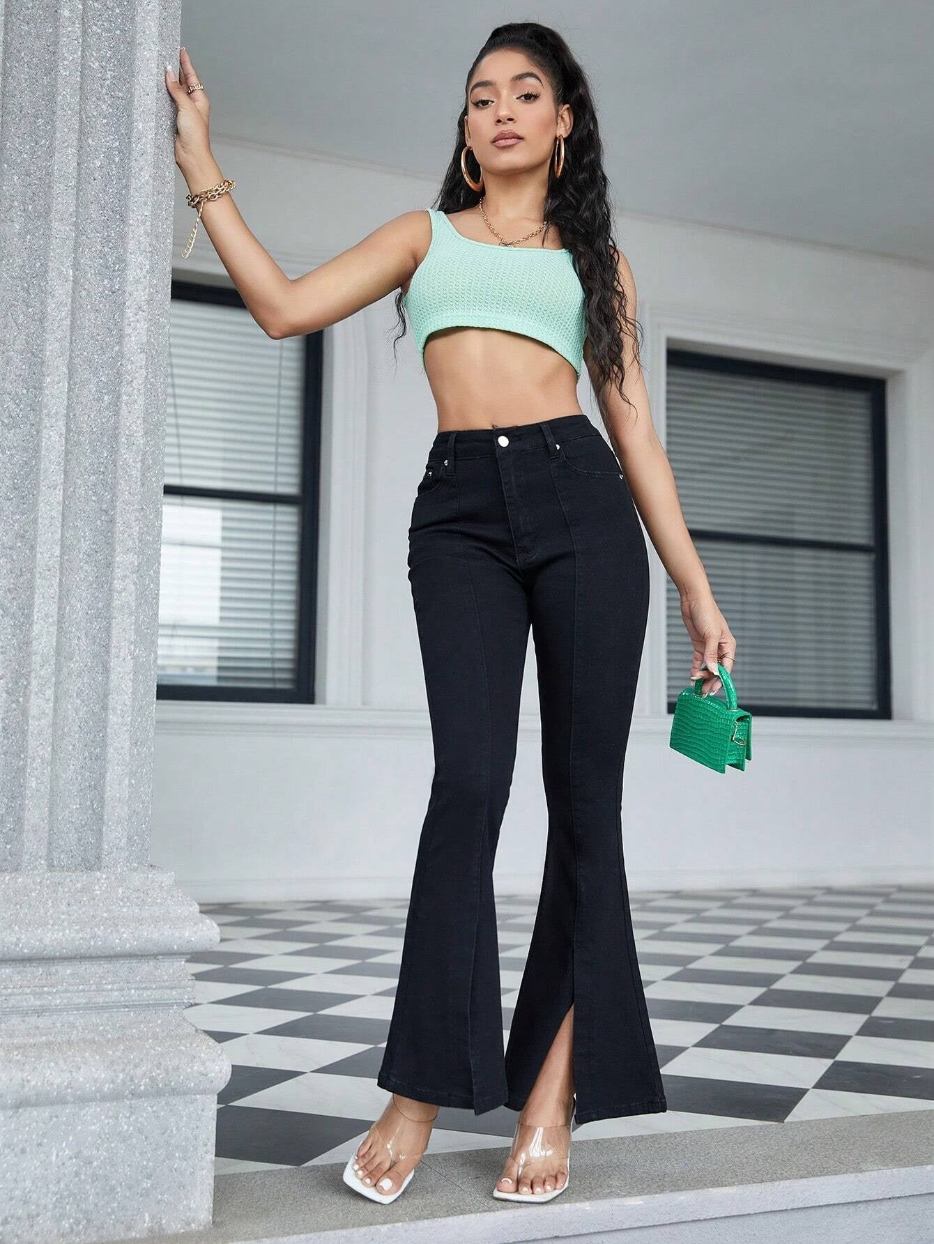 CM-BS075133 Women Preppy Seoul Style Solid Split Hem Flare Leg Jeans - Black