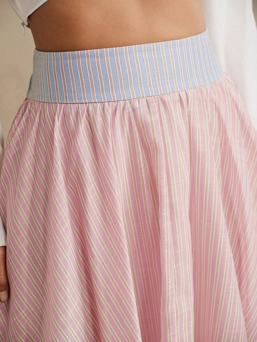 CM-BS281437 Women Tendy Bohemian Style Striped Patchwork Asymmetrical Hem High Waist Puffy A-Line Skirt