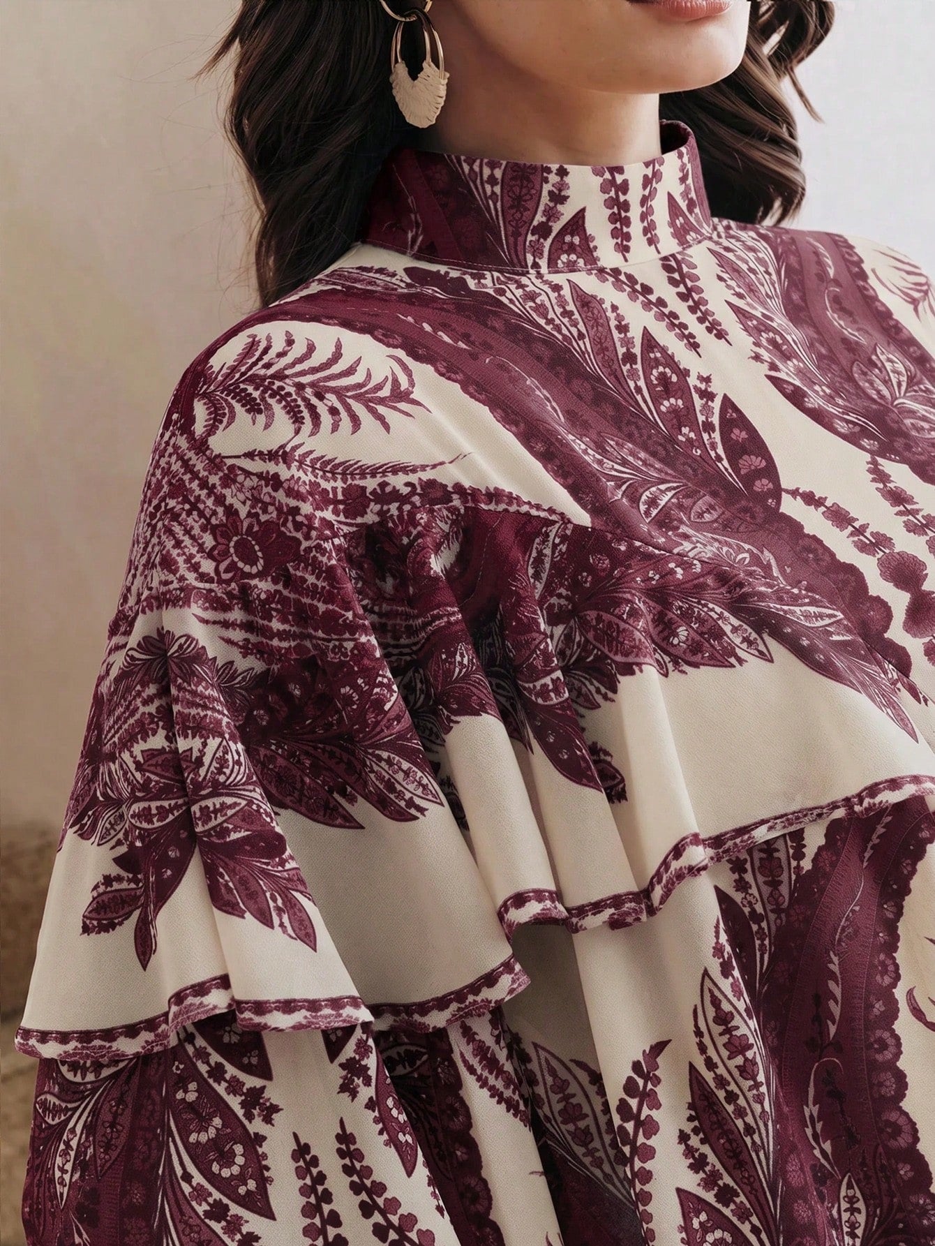 CM-TS762702 Women Trendy Bohemian Style Mock Necl Long Sleeve Plants Print Loose Blouse - Purple