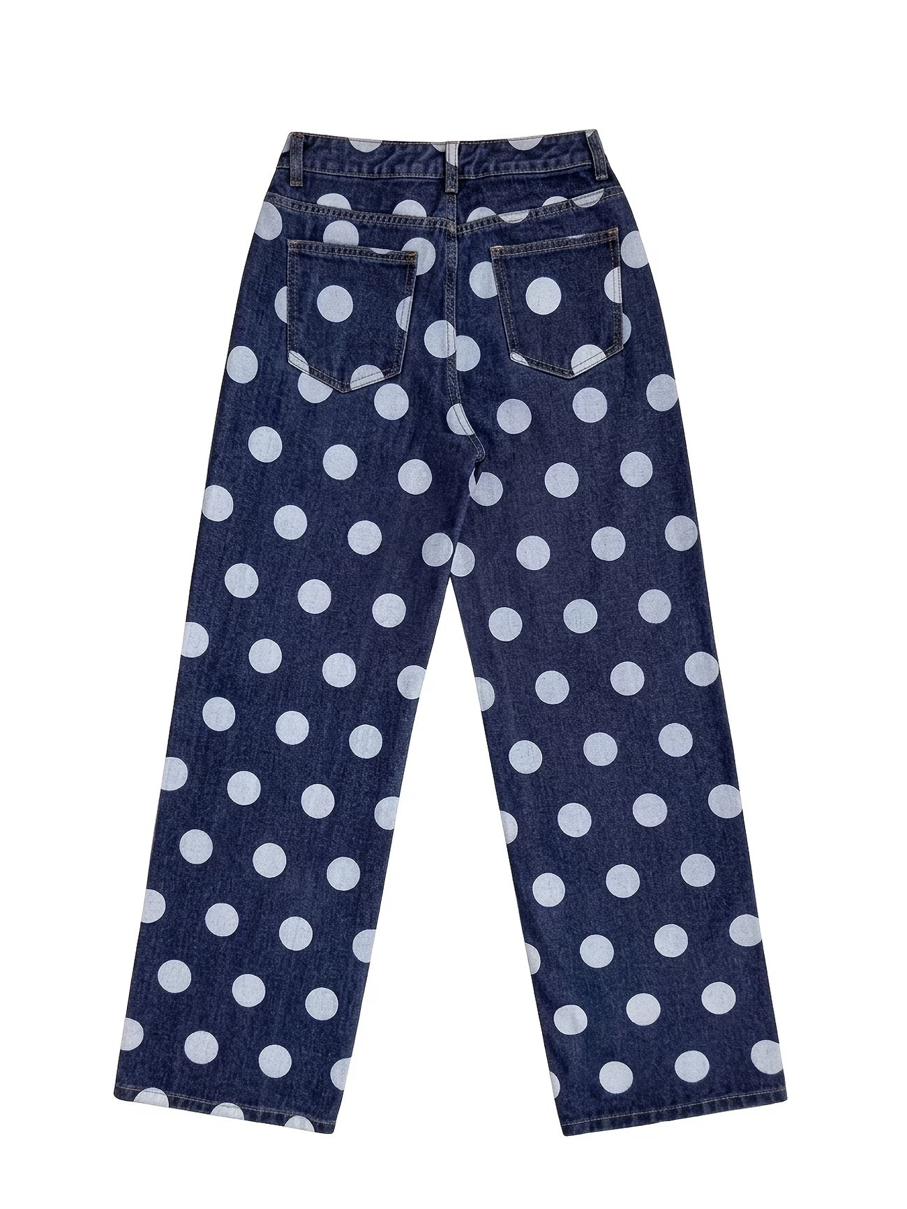 CM-BT786288 Women Casual Seoul Style High Waist Large Polka Dot Washed Wide Leg Denim Long Trousers - Deep Blue