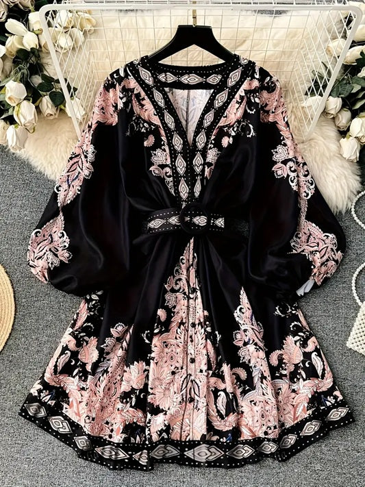 CM-DT520402 Women Elegant Seoul Style V-Neck Sleeveless Geometric Print Belted Mini Dress - Black