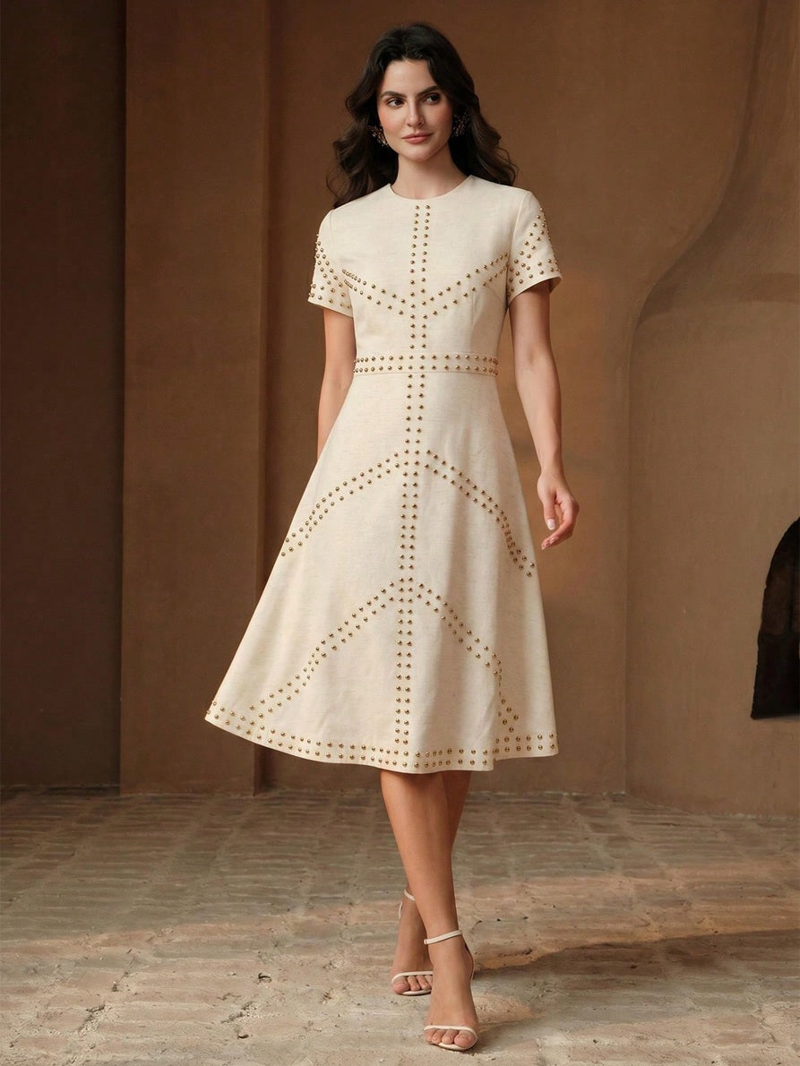 CM-DS714532 Women Elegant Seoul Style Round Neck Short Sleeve Waist-Defining Mid-Length Beaded Embellished Dress